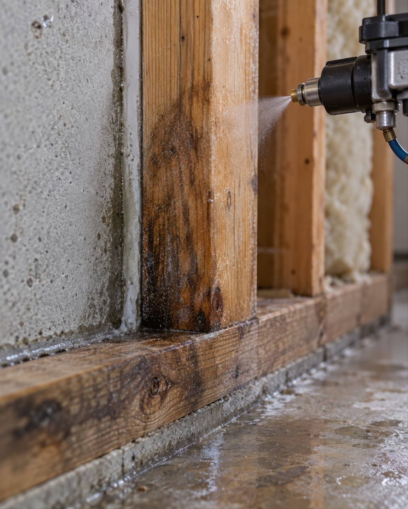 Wood wall framing set against a concrete foundation wall, with spray foam insulation between the studs